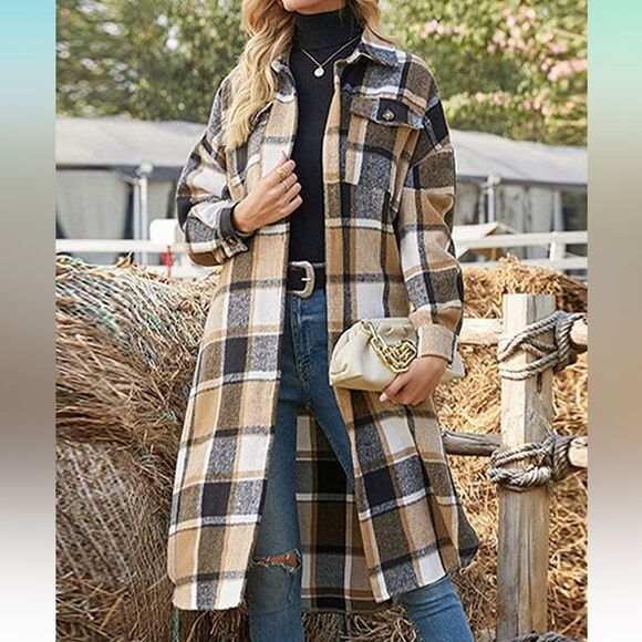 Women's Lounge Lapel Button Down Plaid Jacket Long Shirt Shacket Flannel - Picture 2 of 7